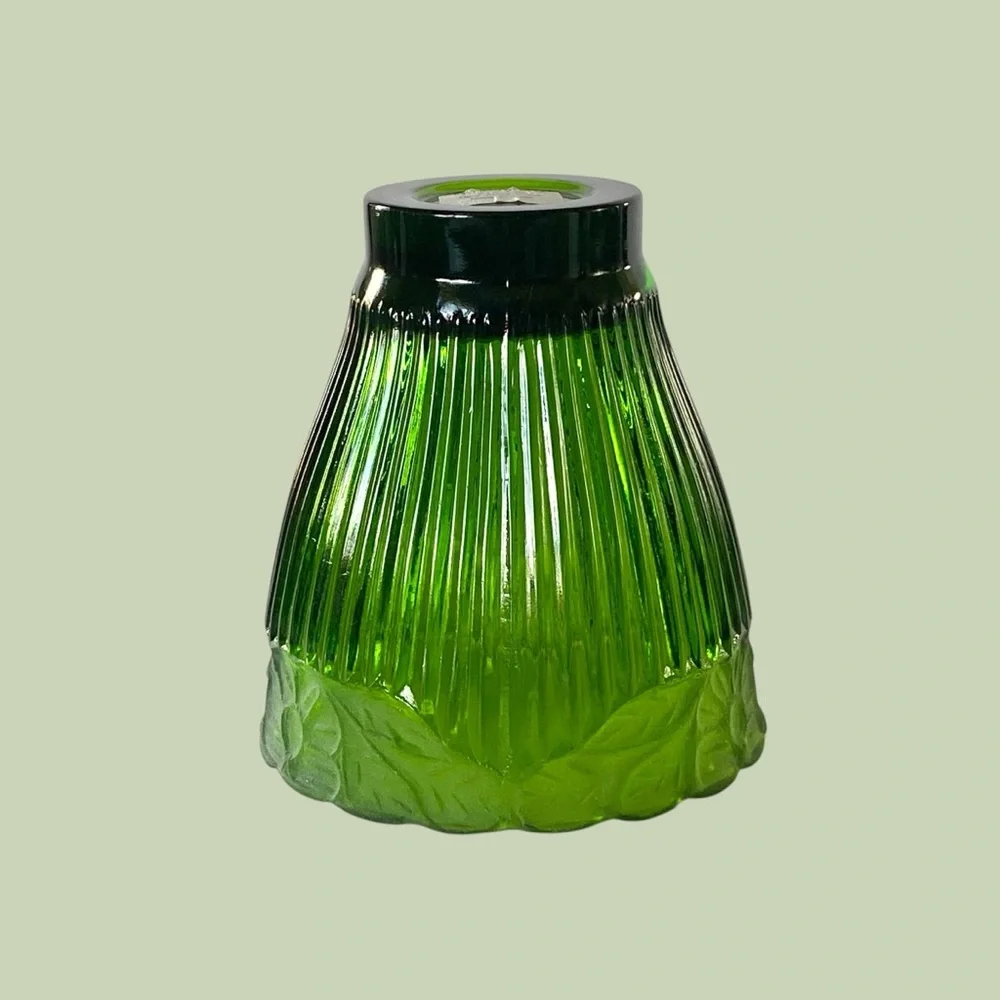 Crate & Barrel Green Glass Frosted and Glossy Ribbed Floral Candle Holder 4.25